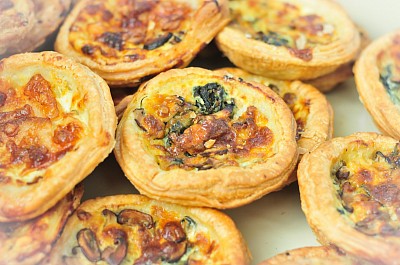 quiche with leeks, mushrooms, bacon, ...